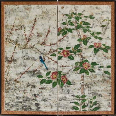 Japanese Two Panel Screen Floral Tarashikomi