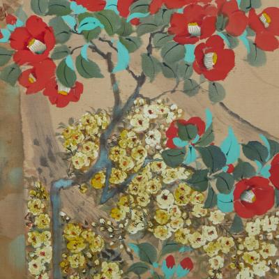 Japanese Two Panel Screen Flowering Vines and Wisteria