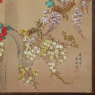Japanese Two Panel Screen Flowering Vines and Wisteria