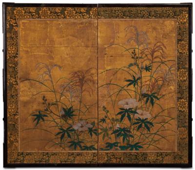 Japanese Two Panel Screen Flowers and Grasses on Gold