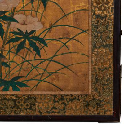 Japanese Two Panel Screen Flowers and Grasses on Gold