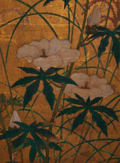 Japanese Two Panel Screen Flowers and Grasses on Gold