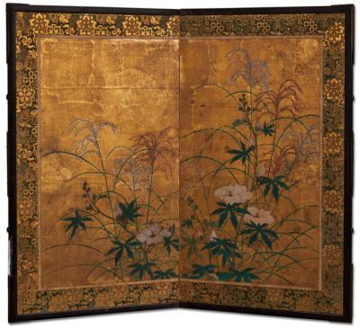 Japanese Two Panel Screen Flowers and Grasses on Gold
