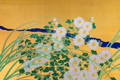 Japanese Two Panel Screen Flowers by River s Edge