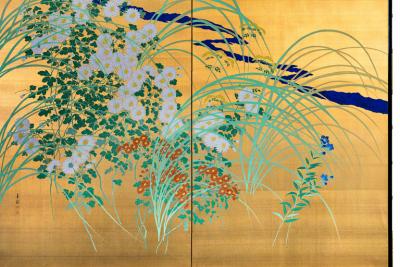 Japanese Two Panel Screen Flowers by River s Edge