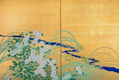 Japanese Two Panel Screen Flowers by River s Edge