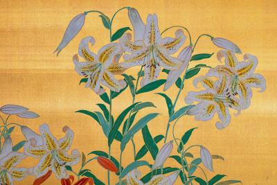 Japanese Two Panel Screen Flowers by River s Edge