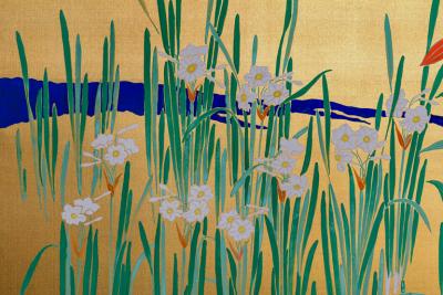 Japanese Two Panel Screen Flowers by River s Edge
