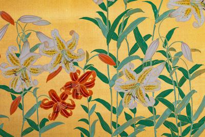 Japanese Two Panel Screen Flowers by River s Edge