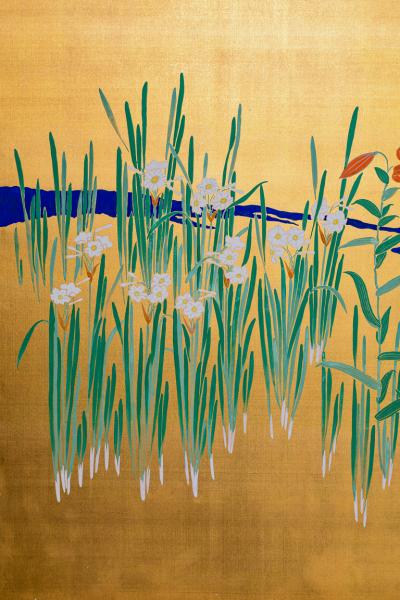Japanese Two Panel Screen Flowers by River s Edge