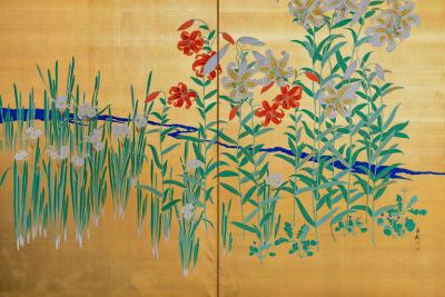 Japanese Two Panel Screen Flowers by River s Edge