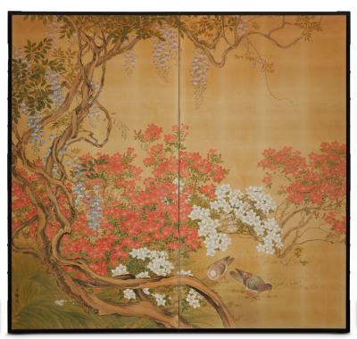 Japanese Two Panel Screen Garden Landscape