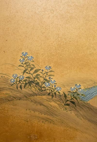 Japanese Two Panel Screen Garden Scene with Crysanthemums