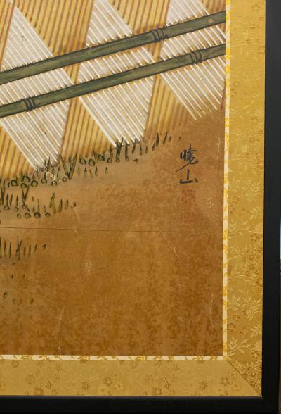 Japanese Two Panel Screen Garden Scene with Crysanthemums