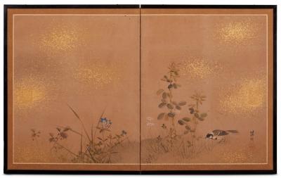 Japanese Two Panel Screen Gentle Landscape of Sparrow and Flowers