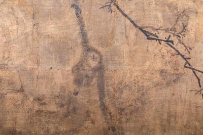 Japanese Two Panel Screen Gibbons in Trees