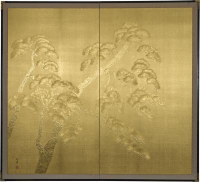 Japanese Two Panel Screen Gilded Pine