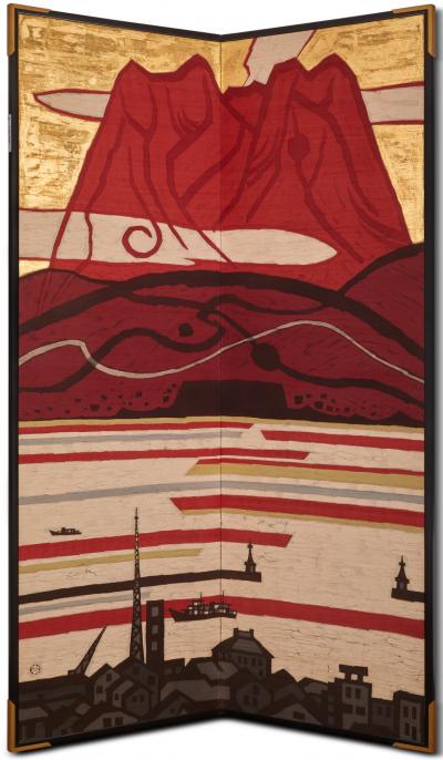 Japanese Two Panel Screen Harbor Scene in a Modernist View