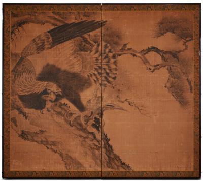 Japanese Two Panel Screen Hawk Perched in Pine Tree