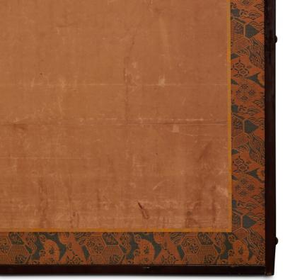 Japanese Two Panel Screen Hawk Perched in Pine Tree