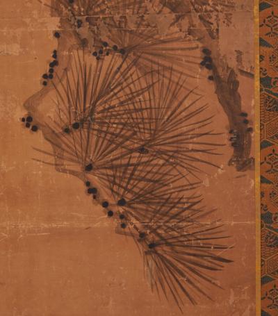 Japanese Two Panel Screen Hawk Perched in Pine Tree