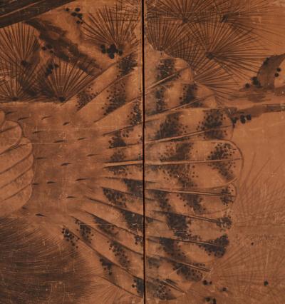 Japanese Two Panel Screen Hawk Perched in Pine Tree