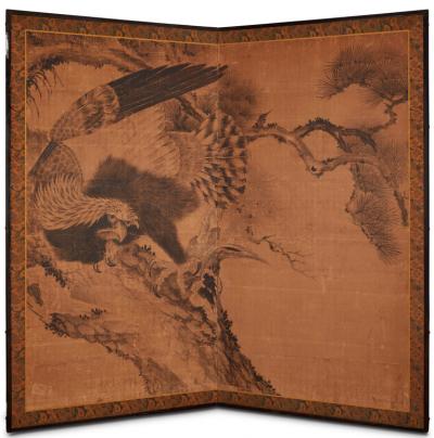 Japanese Two Panel Screen Hawk Perched in Pine Tree