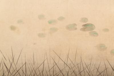 Japanese Two Panel Screen Heron In Water Lily Pond Under Willow