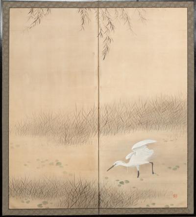 Japanese Two Panel Screen Heron In Water Lily Pond Under Willow