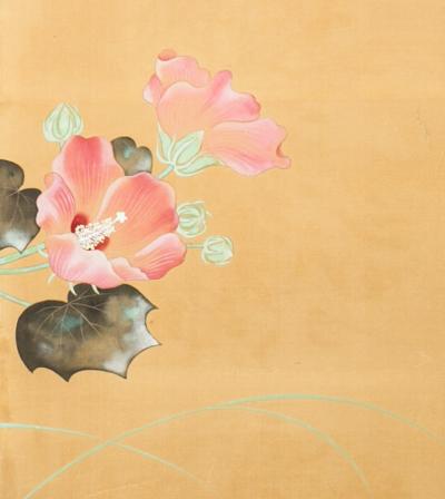 Japanese Two Panel Screen Hibiscus Flowers