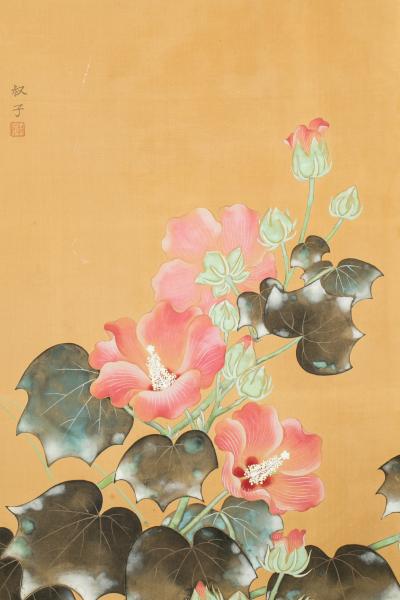 Japanese Two Panel Screen Hibiscus Flowers