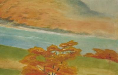 Japanese Two Panel Screen Higashiyama Hills in Autumn