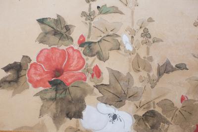 Japanese Two Panel Screen Hollyhocks