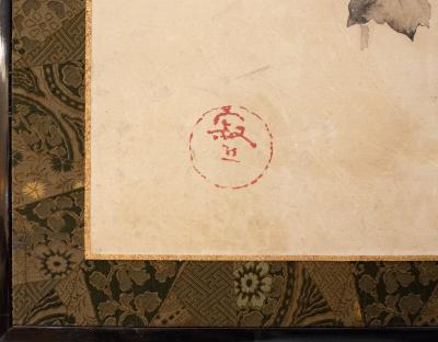 Japanese Two Panel Screen Hollyhocks