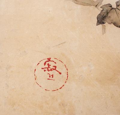 Japanese Two Panel Screen Hollyhocks