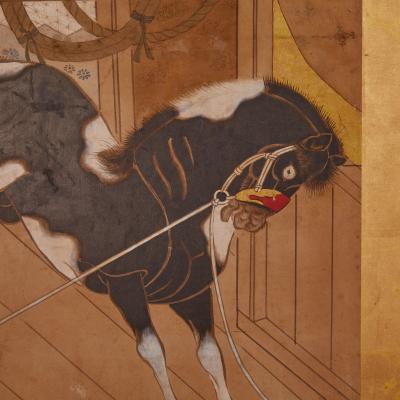 Japanese Two Panel Screen Horses in Stable