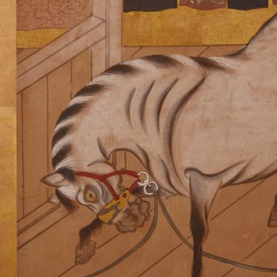 Japanese Two Panel Screen Horses in Stable