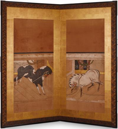 Japanese Two Panel Screen Horses in Stable