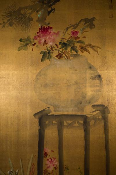 Japanese Two Panel Screen Ikebana Flower Arrangement 