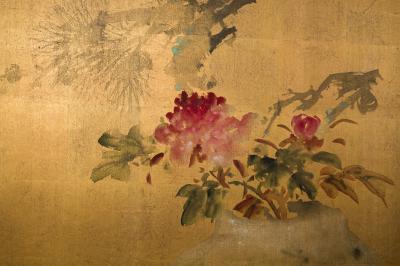 Japanese Two Panel Screen Ikebana Flower Arrangement 