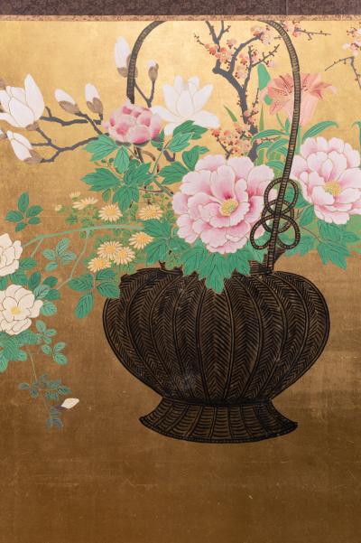 Japanese Two Panel Screen Ikebana on Gold
