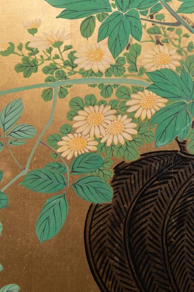 Japanese Two Panel Screen Ikebana on Gold