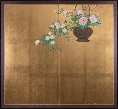 Japanese Two Panel Screen Ikebana on Gold