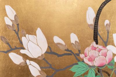 Japanese Two Panel Screen Ikebana on Gold