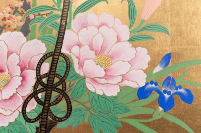 Japanese Two Panel Screen Ikebana on Gold