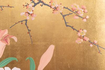 Japanese Two Panel Screen Ikebana on Gold