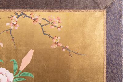 Japanese Two Panel Screen Ikebana on Gold
