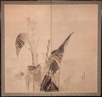 Japanese Two Panel Screen Ink Painting of Banana Leaves on Mulberry Paper