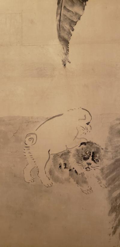 Japanese Two Panel Screen Ink Painting of Banana Leaves on Mulberry Paper