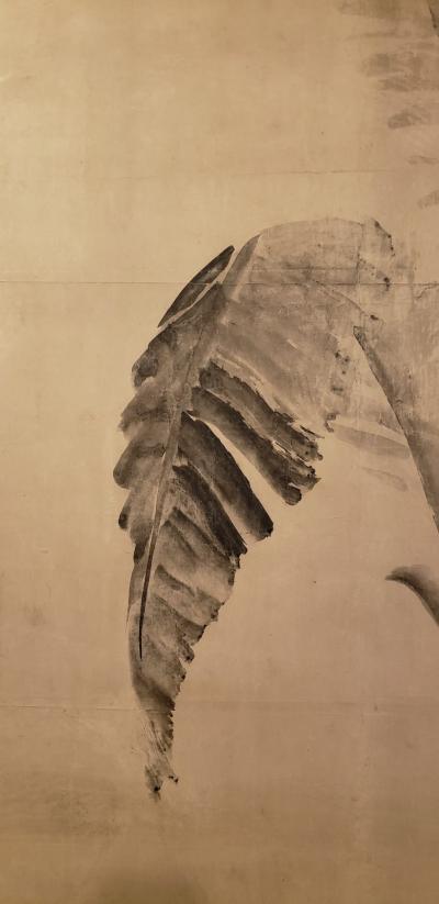 Japanese Two Panel Screen Ink Painting of Banana Leaves on Mulberry Paper